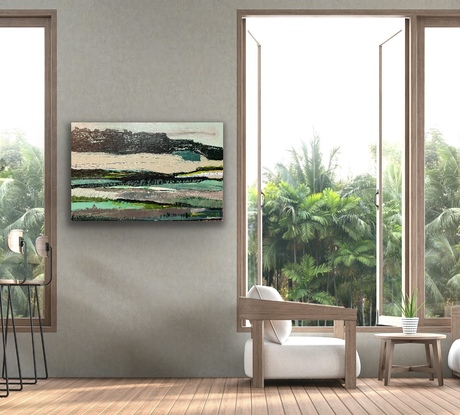 Heavily layered and textured landscape work referencing the palette, mood and scenery of Westernport Bay. Shades of grey, green and black with blue and yellow accents