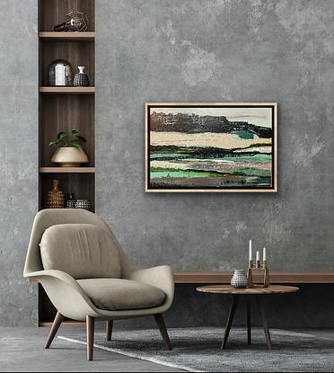 Heavily layered and textured landscape work referencing the palette, mood and scenery of Westernport Bay. Shades of grey, green and black with blue and yellow accents