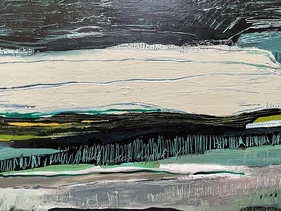 Heavily layered and textured landscape work referencing the palette, mood and scenery of Westernport Bay. Shades of grey, green and black with blue and yellow accents