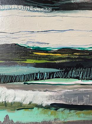 Heavily layered and textured landscape work referencing the palette, mood and scenery of Westernport Bay. Shades of grey, green and black with blue and yellow accents