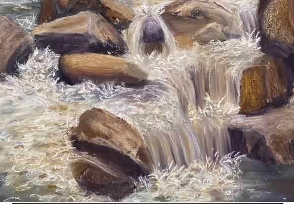 The scene depicts the cool raids of the Snowy River, surrounded by lovely granite and sandstone rocks. In the background is a lovely yellow (Autumn) tree