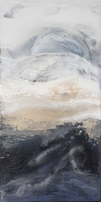 an abstract of a moon rising from the clouds in neutral colours of beige,white, silver and black.