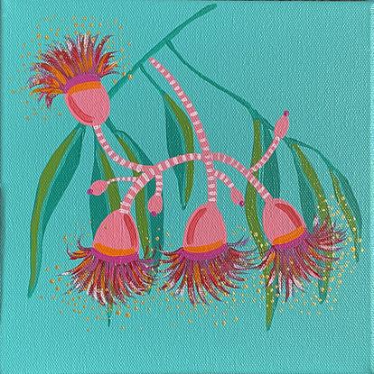 Bright pink and red gum tree blossoms with bright green leaves against a minty coloured background