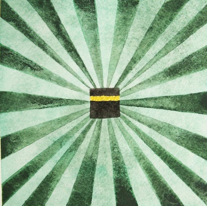 This is a picture of a square watercolour painting. There is an image in black and gold of the Kabah in the centre, with rays of green radiating outwards the edges of the painting.