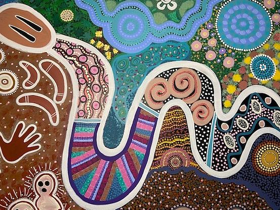 (CreativeWork) aboriginal dot  painting 'rainbow serpent' by gidabul doobay. Acrylic. Shop online at Bluethumb.