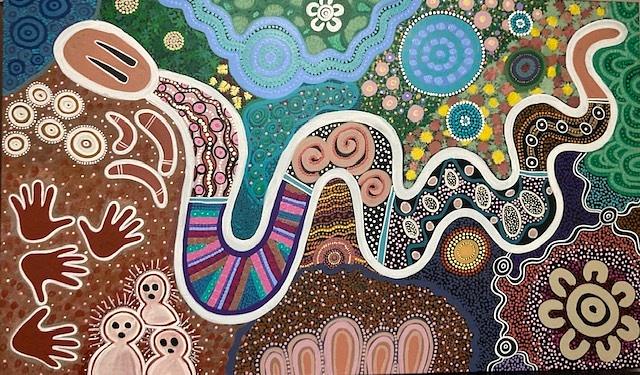 (CreativeWork) aboriginal dot  painting 'rainbow serpent' by gidabul doobay. Acrylic. Shop online at Bluethumb.