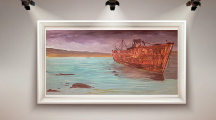 Panoramic Scenes of the island sea painted in moody tones and textures
The abandon ship is often seen as a transition into something new while recognizing the history of the past. The ship can be seen in its true rusted form in the Chatham Islands of the coast of New Zealand