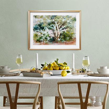 Impressionist oil painting by Victoria Collins of Australian white gum tree with white cherry blossoms and yellow wattle around it's base. All in warm earthy tones of browns and muted blues. 