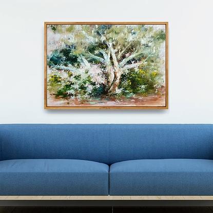 Impressionist oil painting by Victoria Collins of Australian white gum tree with white cherry blossoms and yellow wattle around it's base. All in warm earthy tones of browns and muted blues. 