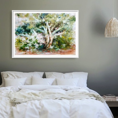 Impressionist oil painting by Victoria Collins of Australian white gum tree with white cherry blossoms and yellow wattle around it's base. All in warm earthy tones of browns and muted blues. 