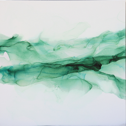 Three paints of flowing inky wisps that flow from right o left with  green wisps perfectly transitioning to blue wisps then red wisps. They are light with a real free flowing feeling