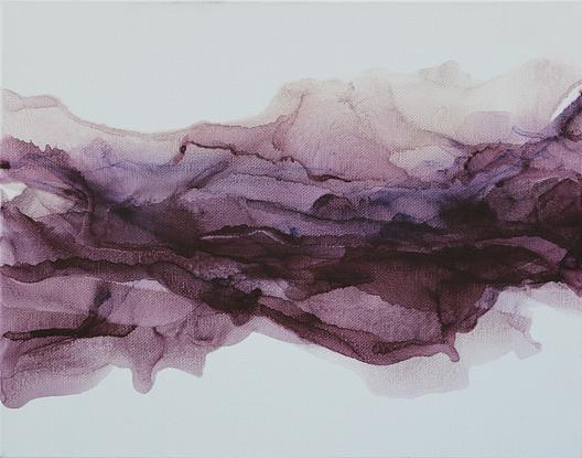 A maroon stream of ink flowing across the canvas depicting a deep crack in the canvas 