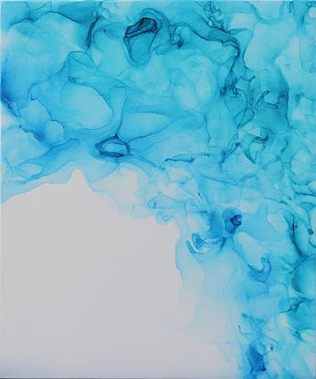 These pieces of blue wash when hung together make for a wash of blue inks to create a blue arch over a white background