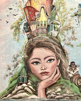 Inspiration:

“Serenity’s Embrace” draws inspiration from the concept of peace and interconnectedness between nature and humanity. The girl’s face represents the nurturing Earth, with the owl symbolizing wisdom and protection. The floating snail island encourages slowing down, while the sailboat and seaplane represent journeys toward happiness. This surreal painting envisions a utopian world filled with beauty and tranquility.

Legend/Myth:

In a mystical realm, the Isle of Serenity was created from the dreams of a peace-loving goddess. Shaped in her image, the island flourished under her spirit. The guardian owl protected the serene land, where inhabitants thrived amidst blooming trees and bountiful seas. Nearby, floating isles with a snail shape and arriving sailboats symbolized the joys of slowing down and seeking happiness. Visitors to the Isle of Serenity were said to be blessed with joy and purpose, touched by the goddess’s eternal grace.
