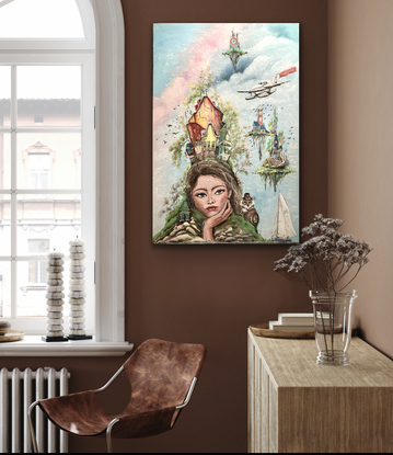 Inspiration:

“Serenity’s Embrace” draws inspiration from the concept of peace and interconnectedness between nature and humanity. The girl’s face represents the nurturing Earth, with the owl symbolizing wisdom and protection. The floating snail island encourages slowing down, while the sailboat and seaplane represent journeys toward happiness. This surreal painting envisions a utopian world filled with beauty and tranquility.

Legend/Myth:

In a mystical realm, the Isle of Serenity was created from the dreams of a peace-loving goddess. Shaped in her image, the island flourished under her spirit. The guardian owl protected the serene land, where inhabitants thrived amidst blooming trees and bountiful seas. Nearby, floating isles with a snail shape and arriving sailboats symbolized the joys of slowing down and seeking happiness. Visitors to the Isle of Serenity were said to be blessed with joy and purpose, touched by the goddess’s eternal grace.
