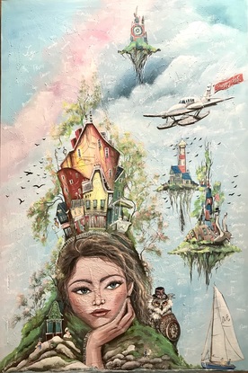 Inspiration:

“Serenity’s Embrace” draws inspiration from the concept of peace and interconnectedness between nature and humanity. The girl’s face represents the nurturing Earth, with the owl symbolizing wisdom and protection. The floating snail island encourages slowing down, while the sailboat and seaplane represent journeys toward happiness. This surreal painting envisions a utopian world filled with beauty and tranquility.

Legend/Myth:

In a mystical realm, the Isle of Serenity was created from the dreams of a peace-loving goddess. Shaped in her image, the island flourished under her spirit. The guardian owl protected the serene land, where inhabitants thrived amidst blooming trees and bountiful seas. Nearby, floating isles with a snail shape and arriving sailboats symbolized the joys of slowing down and seeking happiness. Visitors to the Isle of Serenity were said to be blessed with joy and purpose, touched by the goddess’s eternal grace.
