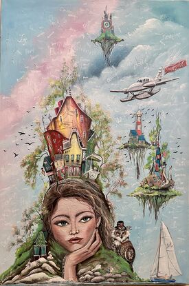 Inspiration:

“Serenity’s Embrace” draws inspiration from the concept of peace and interconnectedness between nature and humanity. The girl’s face represents the nurturing Earth, with the owl symbolizing wisdom and protection. The floating snail island encourages slowing down, while the sailboat and seaplane represent journeys toward happiness. This surreal painting envisions a utopian world filled with beauty and tranquility.

Legend/Myth:

In a mystical realm, the Isle of Serenity was created from the dreams of a peace-loving goddess. Shaped in her image, the island flourished under her spirit. The guardian owl protected the serene land, where inhabitants thrived amidst blooming trees and bountiful seas. Nearby, floating isles with a snail shape and arriving sailboats symbolized the joys of slowing down and seeking happiness. Visitors to the Isle of Serenity were said to be blessed with joy and purpose, touched by the goddess’s eternal grace.
