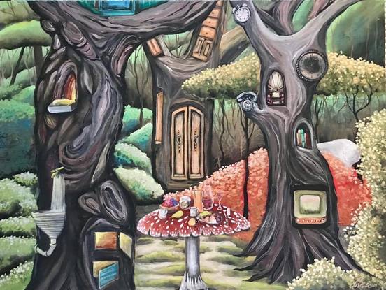 Forest lounge.

Forest lounge. In this surreal forest scene, a mushroom is used as a dining table and beds are made of leaves, a theme that symbolizes relaxation and serenity.
The painting depicts a dreamlike surreal scene of a forest getaway, in which one can completely relax and unwind in a serene setting, with a bed constructed of fallen leaves and a mushroom top serving as a dining table. There's a magical wardrobe that could be the gateway to discovering new worlds and experiencing new adventures.

This is a unique painting, signed by the artist Inessa Ivascanin
on stretched canvas measuring 110x76 cm
