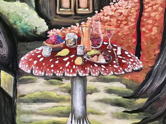 Forest lounge.

Forest lounge. In this surreal forest scene, a mushroom is used as a dining table and beds are made of leaves, a theme that symbolizes relaxation and serenity.
The painting depicts a dreamlike surreal scene of a forest getaway, in which one can completely relax and unwind in a serene setting, with a bed constructed of fallen leaves and a mushroom top serving as a dining table. There's a magical wardrobe that could be the gateway to discovering new worlds and experiencing new adventures.

This is a unique painting, signed by the artist Inessa Ivascanin
on stretched canvas measuring 110x76 cm
