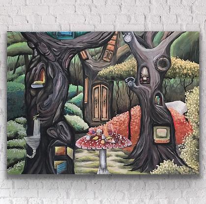 Forest lounge.

Forest lounge. In this surreal forest scene, a mushroom is used as a dining table and beds are made of leaves, a theme that symbolizes relaxation and serenity.
The painting depicts a dreamlike surreal scene of a forest getaway, in which one can completely relax and unwind in a serene setting, with a bed constructed of fallen leaves and a mushroom top serving as a dining table. There's a magical wardrobe that could be the gateway to discovering new worlds and experiencing new adventures.

This is a unique painting, signed by the artist Inessa Ivascanin
on stretched canvas measuring 110x76 cm
