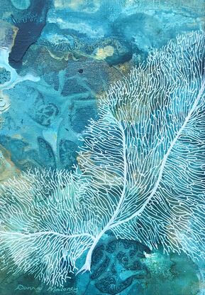 The background of this painting is different shades of blue, aqua blue and turquoise plus some gold. I have imprinted texture in the paint to add movement and interest. Then white coral has been painted over the top which covers most of the painting.