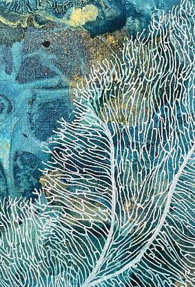 The background of this painting is different shades of blue, aqua blue and turquoise plus some gold. I have imprinted texture in the paint to add movement and interest. Then white coral has been painted over the top which covers most of the painting.