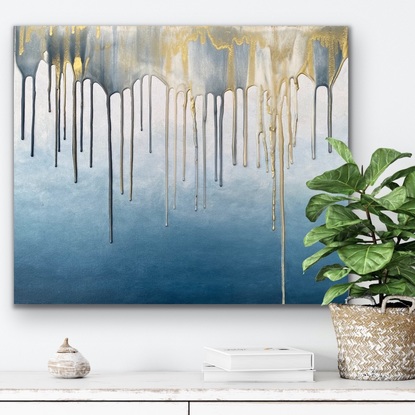 Grey Acrylic painting with golden resin rain drops, representing raining day at a beach.