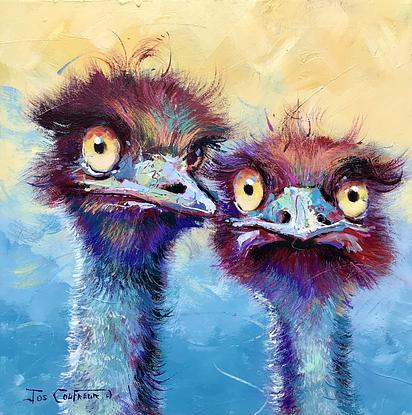 Two emus in vibrant colours. 