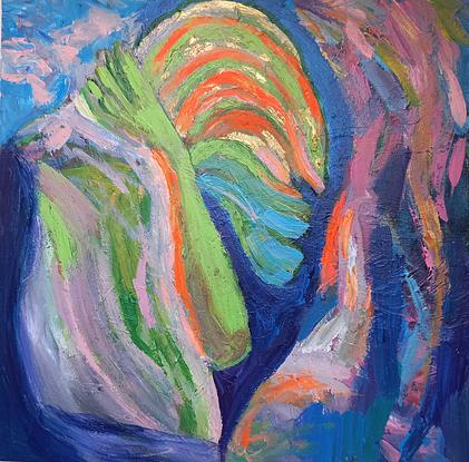 Colourful gestural paint with ambiguous figure in green and orange surrounded by pink and blue.