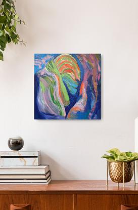 Colourful gestural paint with ambiguous figure in green and orange surrounded by pink and blue.