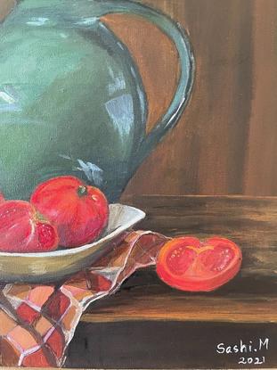 Still life painting of a green jug and a bowl of ripe tomatoes sitting on a tea towel, placed on an old wooden table. The painting tries to capture a rustic background with a knotted drapes hanging by the side.