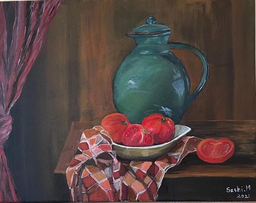 Still life painting of a green jug and a bowl of ripe tomatoes sitting on a tea towel, placed on an old wooden table. The painting tries to capture a rustic background with a knotted drapes hanging by the side.