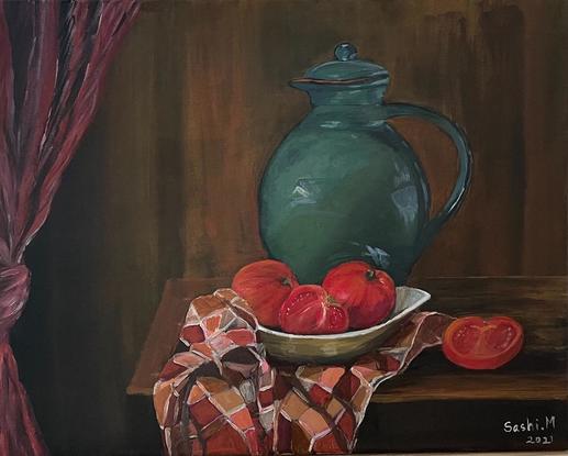 Still life painting of a green jug and a bowl of ripe tomatoes sitting on a tea towel, placed on an old wooden table. The painting tries to capture a rustic background with a knotted drapes hanging by the side.