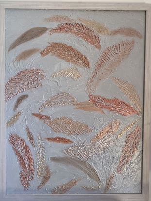 A white textured background with bronze, gold, and other metallic coloured feather floating. A very textured piece. 