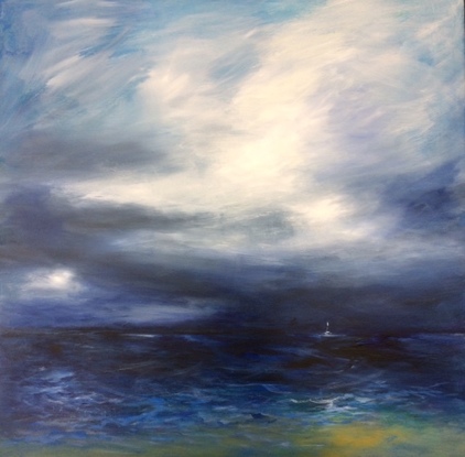 Large stormy clouds over a dark ocean dark nave blue white clouds white boat