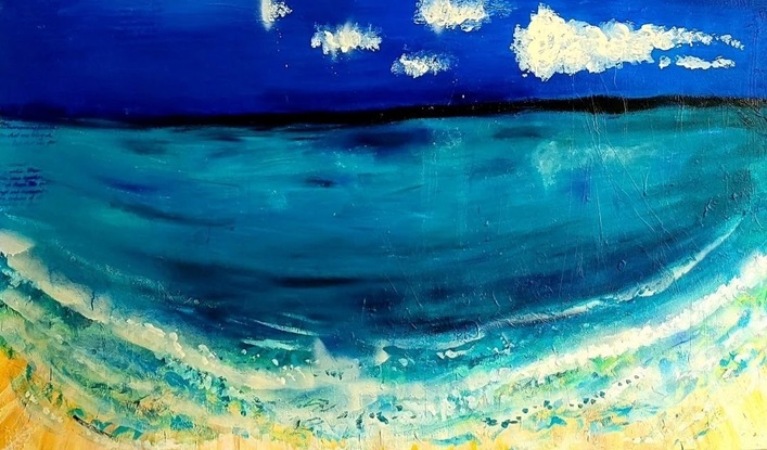 Painting of the beach with clear aqua water and clear blue sky with fluffy clouds