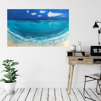 Painting of the beach with clear aqua water and clear blue sky with fluffy clouds