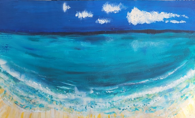 Painting of the beach with clear aqua water and clear blue sky with fluffy clouds