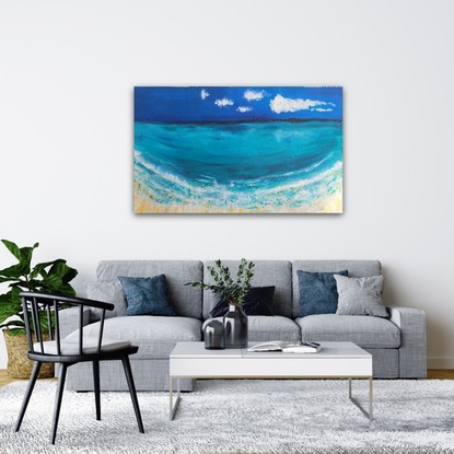 Painting of the beach with clear aqua water and clear blue sky with fluffy clouds