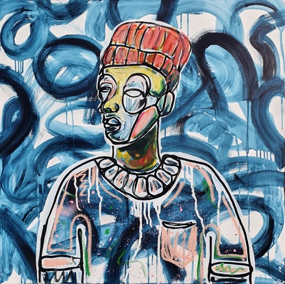 portrait of a man in abstract street art style with coloured oil sticks, paint markers on a  white background with curving navy blue brushstroke patterns.