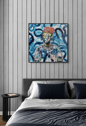 portrait of a man in abstract street art style with coloured oil sticks, paint markers on a  white background with curving navy blue brushstroke patterns.