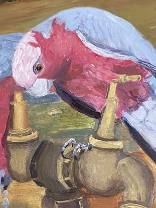 Tis painting is of two birds sitting on a tap in a dry landscape. There is a big mountain range behind the birds. 