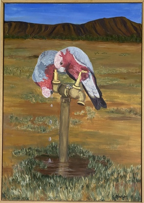 Tis painting is of two birds sitting on a tap in a dry landscape. There is a big mountain range behind the birds. 