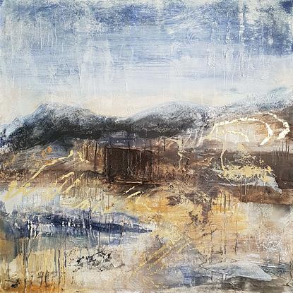 A large mixed media abstract landscape in acrylic and gold leaf of Mt Beauty in the Victoria High Country