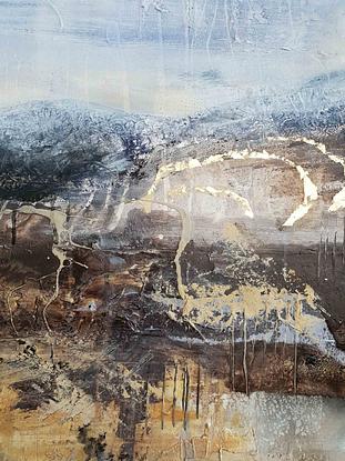 A large mixed media abstract landscape in acrylic and gold leaf of Mt Beauty in the Victoria High Country