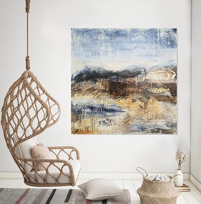 A large mixed media abstract landscape in acrylic and gold leaf of Mt Beauty in the Victoria High Country