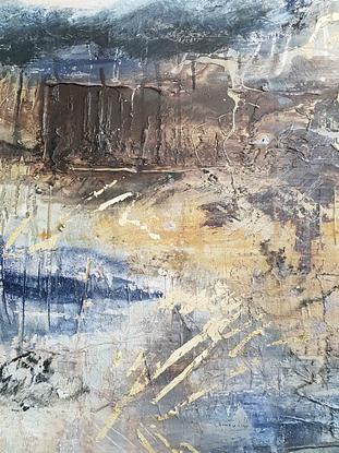 A large mixed media abstract landscape in acrylic and gold leaf of Mt Beauty in the Victoria High Country