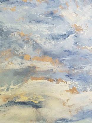 A large oil painting showing the sea and clouds off Williamstown beach in Melbourne.