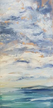 A large oil painting showing the sea and clouds off Williamstown beach in Melbourne.