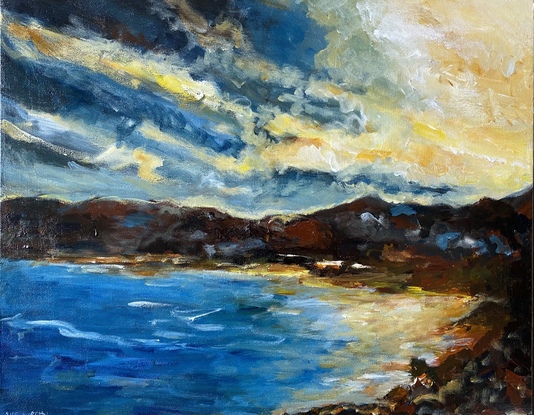 A golden sky disappears as the storm approaches, the quiet bay is rich in blues and browny burgundy as the storm threatens. A moody painting touched by the strength of the sun’s yellowy tint on the majestic clouds. Reminiscent of the romantics colours. One of three seascapes painted to go together. 